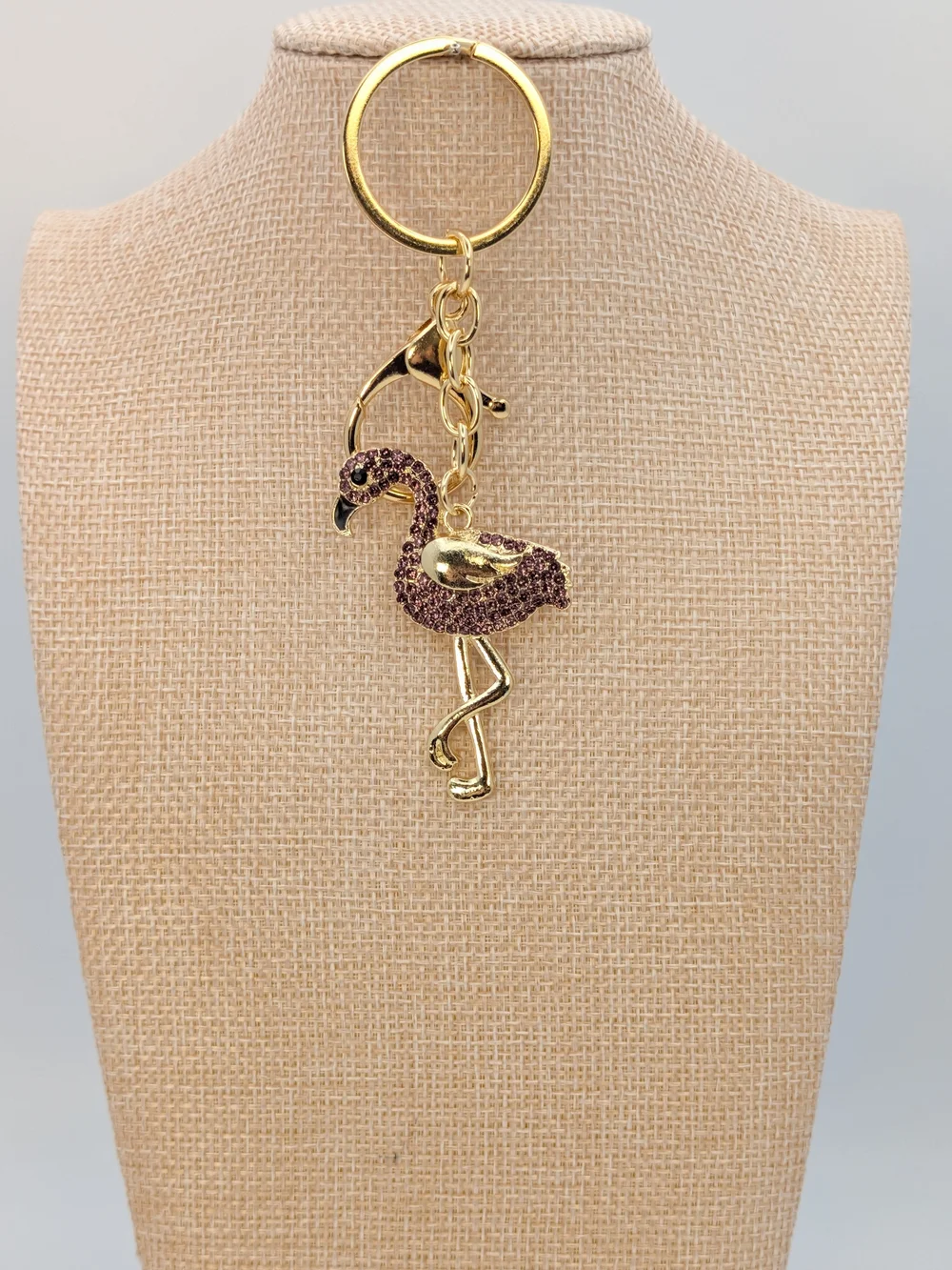 Purple Rhinestone Gold Tone Flamingo Keychain Bag Charm